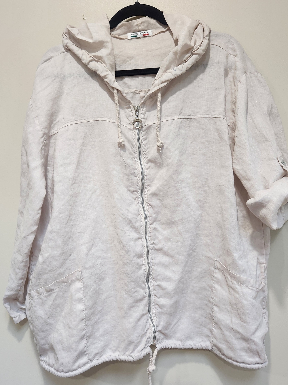 Lightweight Hooded Linen Zip Jacket - Cream L